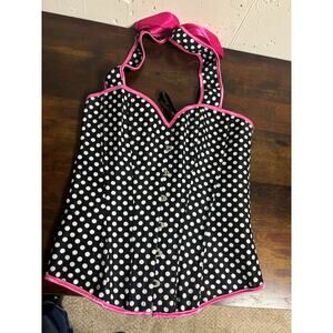 Daisy Corsets Black & White Polka Dot Halter Corset with Hot Pink Trim  Large